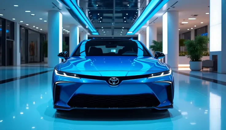 A luxurious (2025 model Toyota Camry)with a sleek futuristic design, shown from the (front said) view, in a modern, elegant showroom. The environment is brightly illuminated with blue ambient lighting, polished floors, and refined interior décor. Replace t...