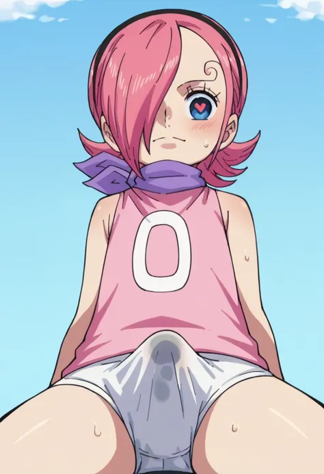  score_9,  score_8_up,  score_7_up,  source_Anime BREAK，  high image quality ，， blondes， Full Bust ， Reiju, 2girl, , blue eyes, pink hair, hairband, hair over one eye, purple neckerchief, pink dress, sleeveless,, white underwear,  lower abdomen expanding f...