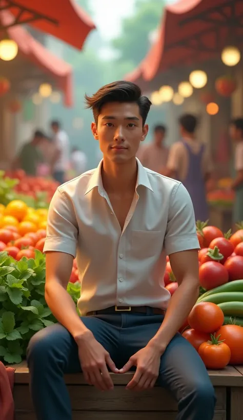 Close up a 25 years old man sitting on vegetable shop in market  3d animation, wear attractive clothes pants shirts,good figure,