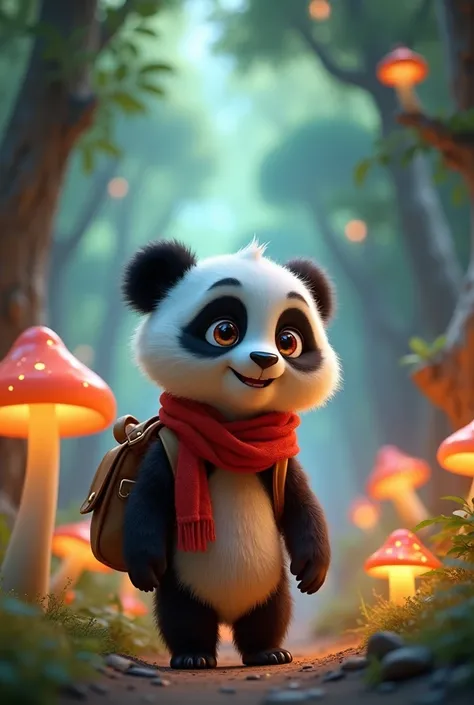 "Prompt: "A Pixar-style scene of Papo, the cute panda, embarking on an adventure through a mystical forest. Papo is excited, with wide brown eyes, wearing his red scarf and carrying a tiny satchel. He looks up at the towering trees and glowing mushrooms in...