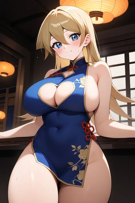 Tenjouin Asuka,megami magazine,long hair,blonde hair,hair between eyes,large breasts,
((bare shoulders,blue china dress,blue chinese clothes,blue short dress,cleavage cutout,sideboob,thighs)),
1girl,panty shot,(is smile,big blush,looking at viewer:1.0),swe...