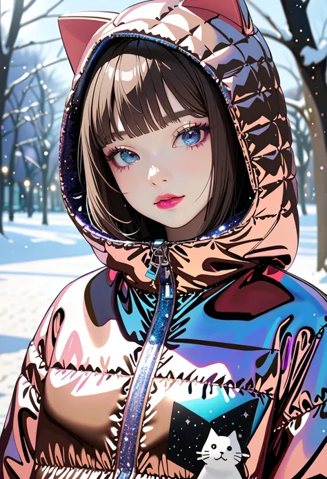 (best quality, masterpiece, ultra highres, ultra-detailed:1.2) ,fullbody, detailed face,solo, introspective, reflective, contemplative, detailed facial features, fair skin with a natural glow, depth of field,portrait,model pose in snowy park,(wearing cat-e...