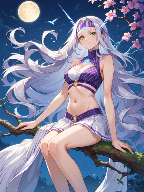 score_9, score_8_up, score_7_up, source_animation,Sistine Fibel
Surreal, 
1girl, Purple White Striped Woven Headband,  Very Long Silver Hair ,Green eyes,  Flowing Hair , Blinking Hair , White Navel Top , White Short Skirt
 Night View , Moon in the Sky ,Pur...