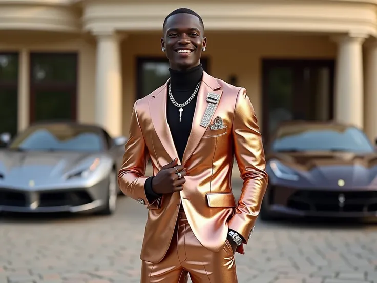  make fullbody of a young Nigeria man body, buzzcut hairstyle, smiling, wearing a very glamorous suit in a very beautiful rose gold color, black shoe, add diamond chain accessories on his body and brooch ornament with the inscription  " Alaska " matching i...