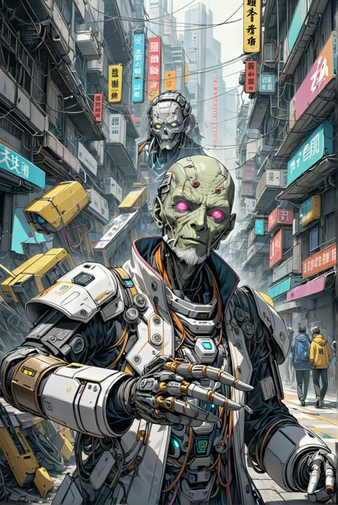 Futuristic cool Kung Fu Master old man zombie cyborg in Hong Kong, near future, rainbow aormor, AI latest technology, hope for the future, K latest technology, amazing, cool, a mass of hope ((masterpiece, highest quality, 8K))