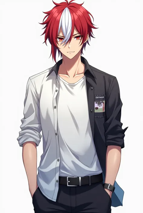 A male  anime character age 15 with two toned red and icy white medium Sharp fringe hair red eyes, wearing a T shirt white shirt, a designer shirt, pants and shoes, with no smile 