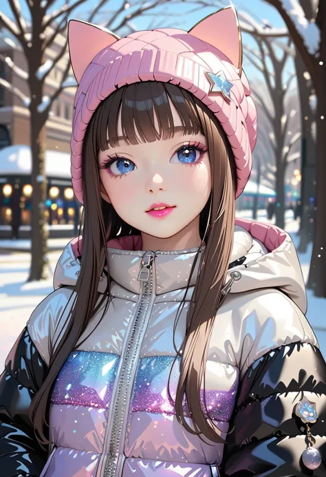 (best quality, masterpiece, ultra highres, ultra-detailed:1.2) ,fullbody, detailed face,solo, , detailed facial features, fair skin with a natural glow, depth of field,portrait,model pose in snowy park,(wearing cat-ear beanie, light down jacket is worn ove...