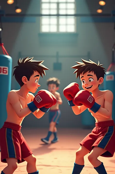 please create an image of three boys boxing in boxing club animated 