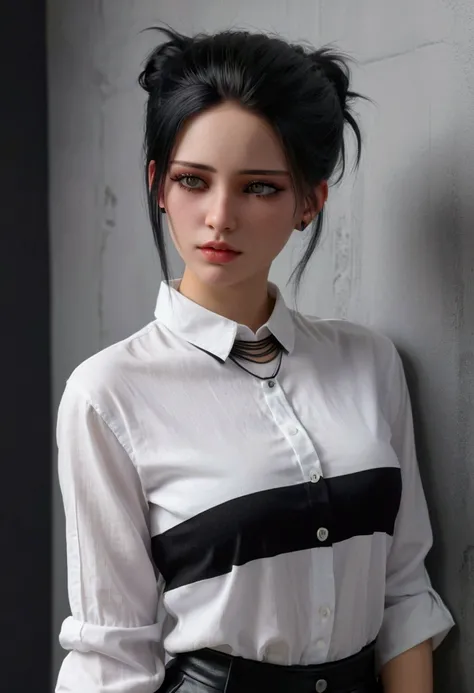   In the realistic professional photography style ,  a young goth girl with hair tied on the sides dark makeup around her eyes necklace around her neck wearing a white shirt with horizontal stripes is standing next to a gray wall, looking to the side with ...