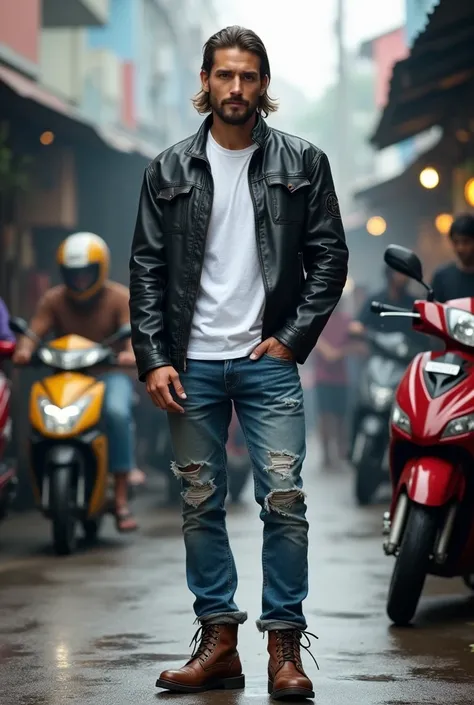  Handsome guy  ,  from indonesia age 30 years ,  using a ripped black leather jacket and t-shirt in white,  long jeans model slimfit torn blue , brown docmart shoes ,  hair of a mullet model , smoking , crowded street side ojek base background full of peop...