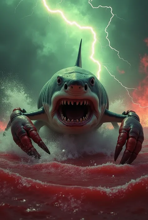 Give me an image of a white shark with crab arms and extremely furious in a red-water setting with green and yellow lightning behind them 