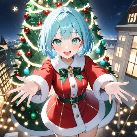 Highest quality、Light blue hair、Short Bob、Deep green eyes,20 years old,small breast,red Santa costume with sequins on a miniskirt、 the night of Christmas lights beckoning with open arms、 with open arms、smile、