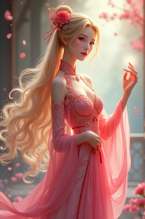 Adult chinese anime girl, wear pink and red ancient fairy dress, with magical powers, very beautiful face, has sexy leg , gold long hair 