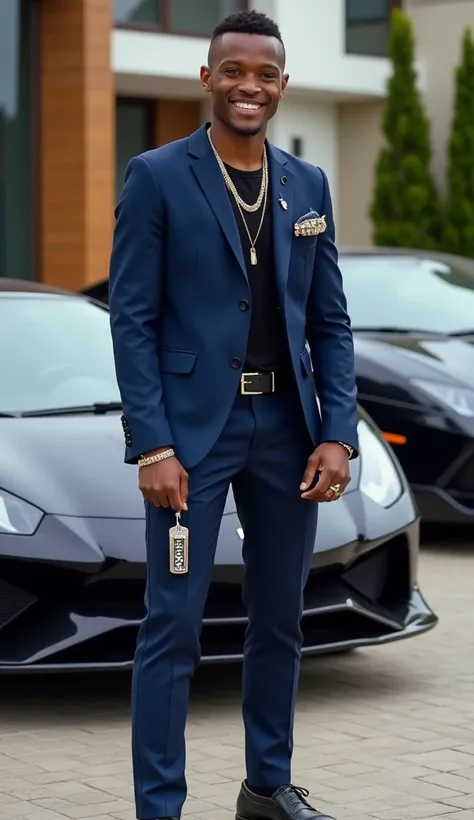  make fullbody of a young Nigeria man body, buzzcut hairstyle, smiling, wearing a blazer in a very navy blue color, black shoe, add diamond chain accessories on his body and brooch ornament with the inscription  " Alaska " matching in his suit, standing in...