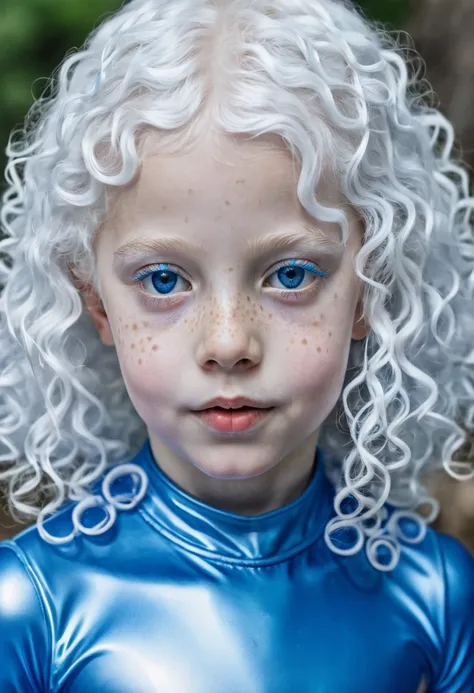 An eight-year-old albino girl, white hair, short and curly, with freckles and blue eyes in a tight blue latex suit