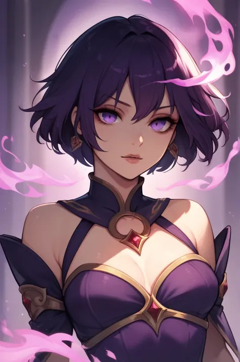 The devil queen,female, Purple Aura ,Purple short hair , B-Cup chest ,  purple eyes, the other eyes red on fire,  wearing a golden knight outfit, ,In the middle of the hill flower.