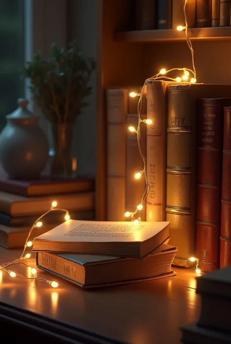 books and fairy lights 