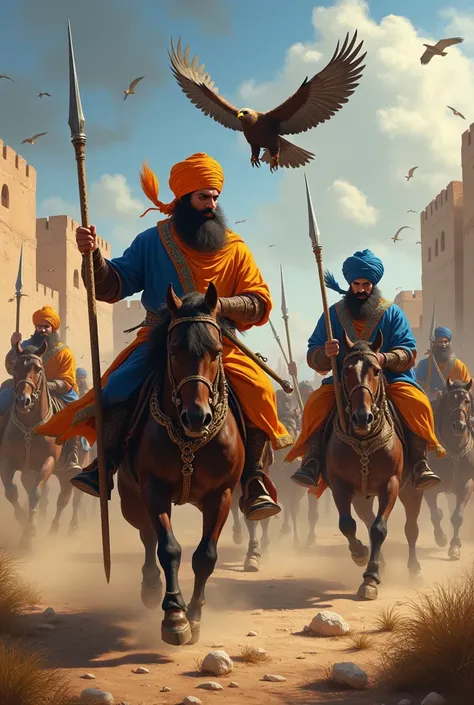 Sikh warriors in battle of chamkaur garhi 1704 in nihang dress. They roaring like a lion in battle and a eagle flying around.