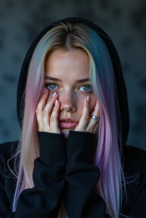 The image is a close-up portrait of a young woman with long, straight hair. Her hair is dyed in a gradient of pastel colors, with shades of pink, blue, and purple. She is wearing a black hoodie and has a piercing on her nose. Her hands are covering her fac...