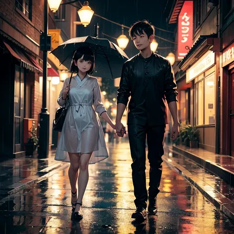 An asian couple are walking in the rain holding an umbrella. Both are wearing casual dress. Black Background. Night undre the street lights.