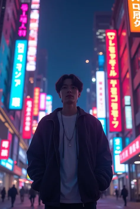 a concept picture for an album titled "Chapter 16:265%" set in a cityscape with glowing neon signs, symbolizing the energy and excitement of youth, with a real man standing in the middle its inspired by a kpop album, so please let the texts either be in ko...