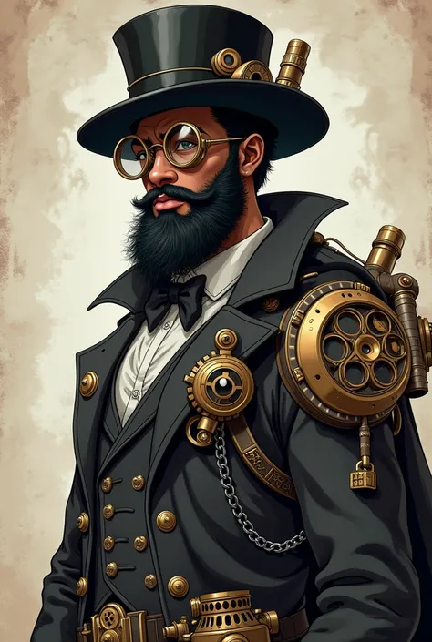  anime style ,  a fictional black character , young adult, Skinny with a big but well-groomed beard ,  Victorian-style clothing with vest and steampunk ,  he wears a large hat with aviator glasses and a monocle and technological devices scattered around hi...