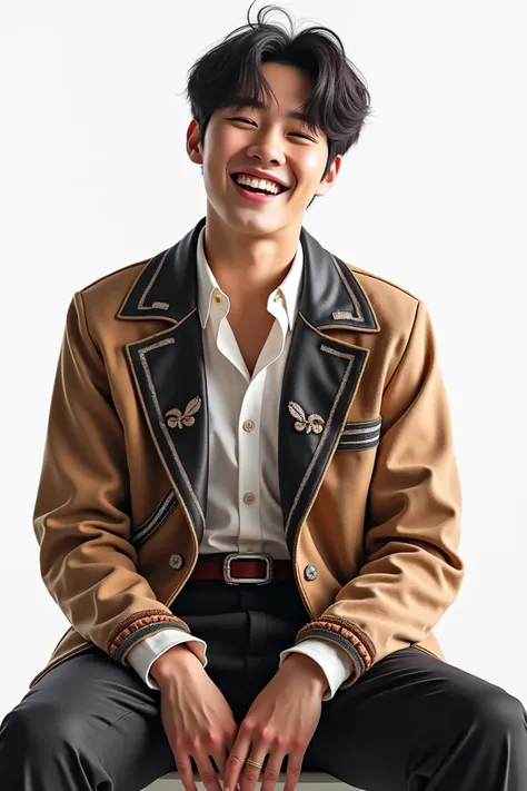 Realistic portrait of a 20-year-old Korean man wearing a stylish K-pop costume, sitting and facing forward, shown from the waist up. The man is laughing joyfully, with a clean white background. The image should have highly detailed textures, natural lighti...