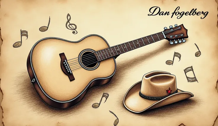 A paper with guitar drawn on it and music notes and a cowboy hat drwan and a name Dan Fogelberg written on the top 