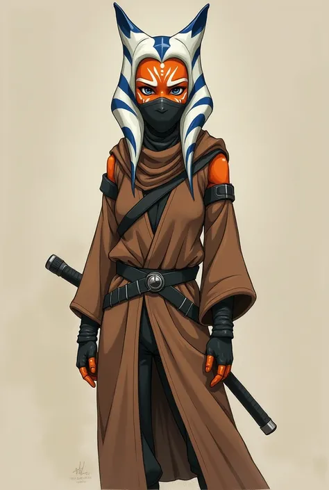 accurate ahsoka, cleavage until belly, small tits, wearing a baggy robe, hood on head, scarf on mouth, face mask,  clone wars style, Star Wars, 2d style, 2d sketch style