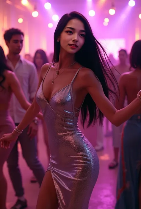 35 year old, asian, long straight black hair, dancing in a dance party, silver dress