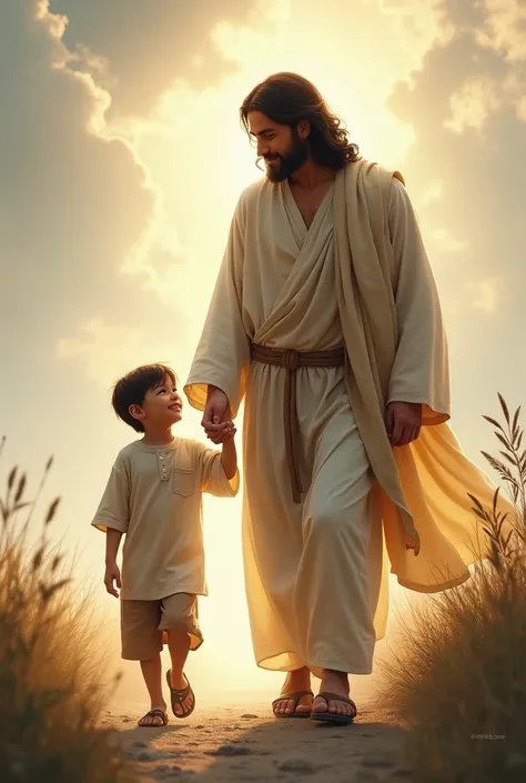  create an image of Jesus walking holding the hand of a  boy,  with black hair,  white skin , big expressive eyes,  smiling. Use the .