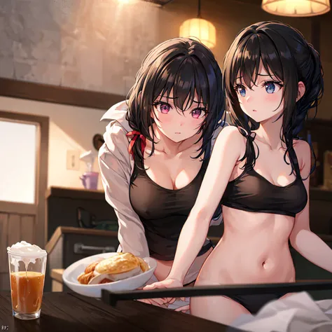 Score_9, Score_8_up, Score_7_up, High resolution images, Masterpiece, Top quality,
1 girl, navel, nipples, brunette, early morning, adult panties, kitchen, loose tank top, side breasts, medium breasts, holding coffee mug, embarrassed, blush, beautiful eyes...