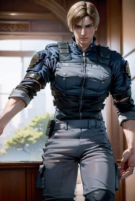 (  highly detailed CG  ), ( top quality), (  highly detailed CG  ), ( top quality), Leon S. Kennedy has a beautiful body, SWAT Clothing, Handsome and cool young man, Slim and muscular, Large breasts, Peeing, My crotch is wet, Embarrassed, high quality