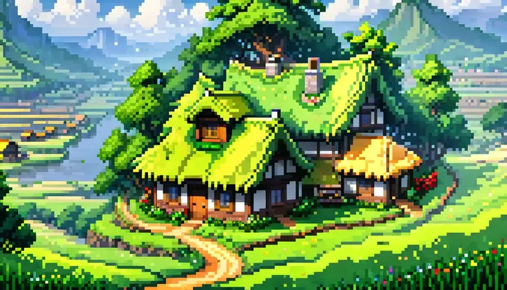 Pixel Art , There are several thatched houses on the grassland (masterpiece, best quality , Perfect composition, Ultra HD, fine details , major, Official Art , Representative Works:1.3)
