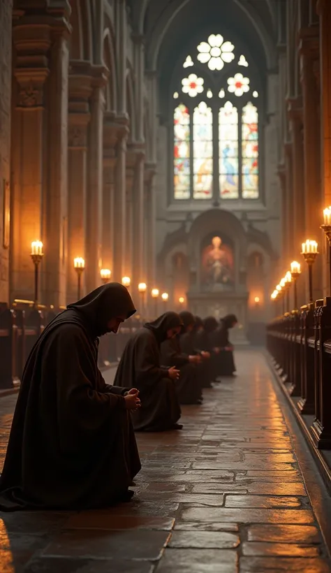 "Monks in prayer, kneeling inside a medieval church, wearing brown habits, with candles and religious icons in the background, the stone walls towering above, soft light filtering through stained glass windows, reverent silence, hyper-realistic, photo real...