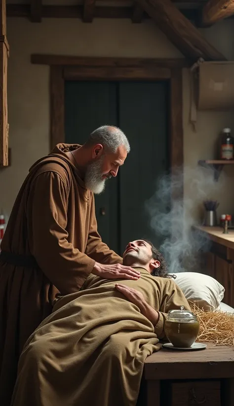 "A monk providing medical care to a sick person in the monastery, wearing brown robes, inside a modest medieval infirmary with simple wooden furniture and herbal remedies, the patient lying on a straw bed, a calm, healing atmosphere, hyper-realistic, photo...