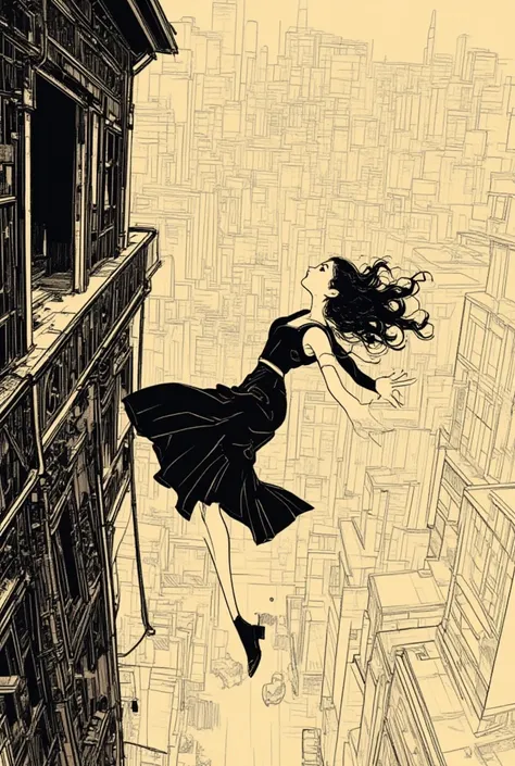  A woman falls from the second floor,Im plummeting to the ground , poster art, Screen Printing Poster,  graphic novel cover art ,  graphic details ,  promotional artwork , Poster illustration, Illustrated poster, By Jens Sondergaard  ,  fashion illustratio...