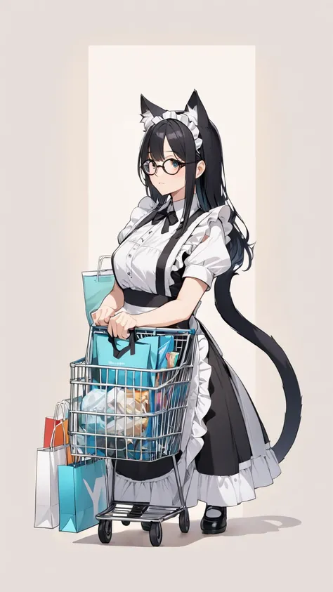 Black hair, glasses, maid, maid outfit, cat ears, tail, shopping