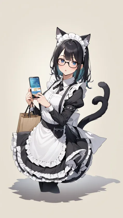 Black hair, glasses, maid, maid outfit, cat ears, tail, shopping