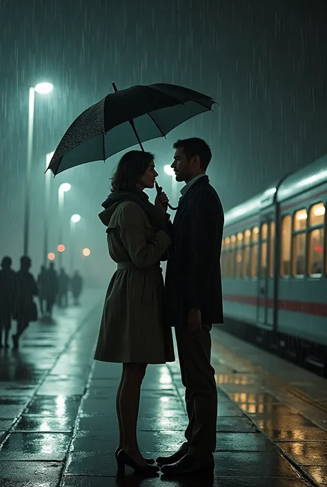  a European and American couple ，Waving goodbye in the rain，No physical physical contact