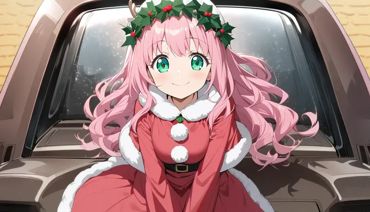 1 girl,Anime Face,,daughter,Big Breasts, green eyes,Pink long hair, wave hair, Santa cosplay in the truck,smile, cowboy shot,There is a reindeer by my side