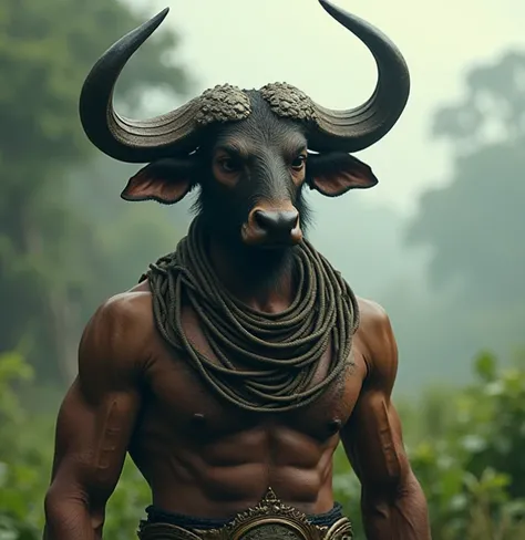 The man in the picture has a buffalo horn on his head, a nose like a buffalo. (Thai buffalo)