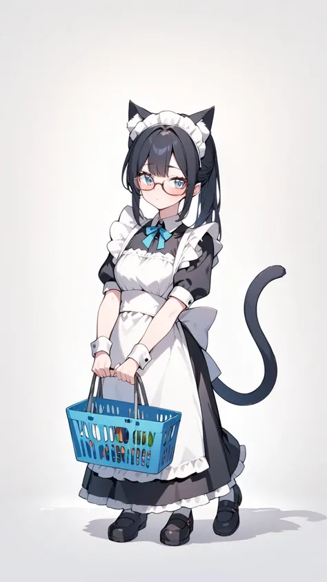 Black hair, glasses, maid, maid outfit, cat ears, tail, shopping