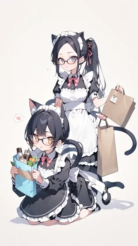 Black hair, glasses, maid, maid outfit, cat ears, tail, shopping