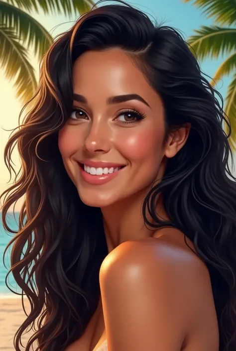  Create a realistic portrait of a woman with a slightly tanned complexion {x} Create a realistic portrait of a woman with a slightly tanned complexion {x},  Long, curly black hair , and deep brown eyes .  She wears light natural makeup .  The expression is...