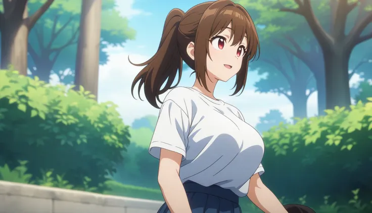 Alone,(masterpiece:1.3), ( top quality:1.3), ( very detailed bust),  anime style :0.1,  game cg,  Anime Coloring ,(( simple background)),woman, white t-shirt,,Brown Hair,Big Breasts, red eyes、 ponytail,18 years old, 1 girl,、Droopy eyes、smile、 mouth、、garden...