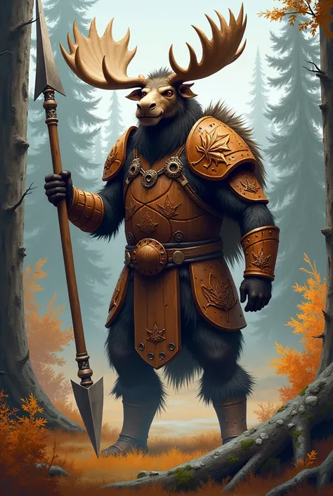 A moose warrior in wooden armor with maple leaf designs, carrying a strong spear