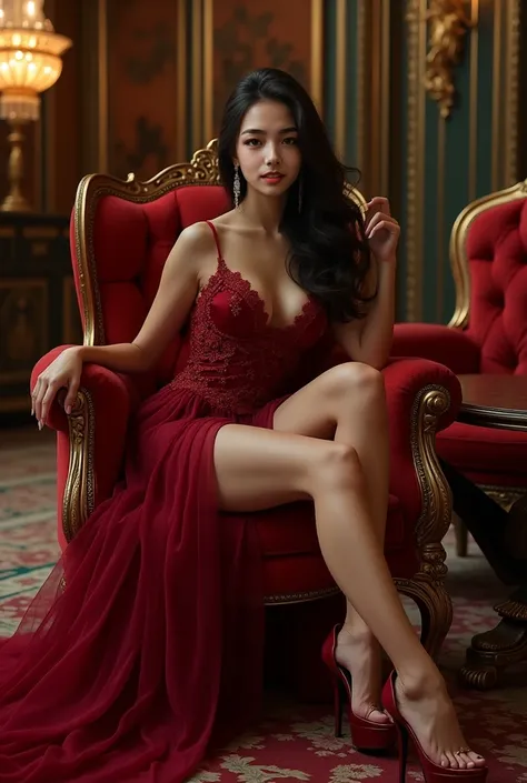 35 year old, asian, sexy, seductive, extending legs, makeup, chinese, in a mansion, elegant dress, high heels