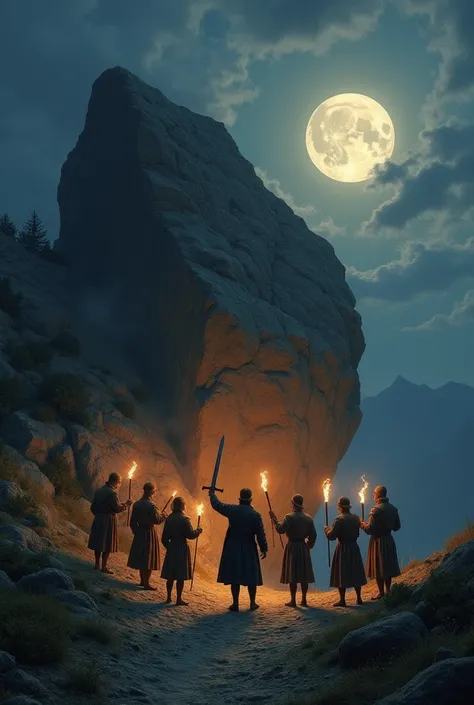 In 18th century Germany, under the moonlight, there is a large rock on the mountainside, seven young men with torches stand around the rock, and one man stands in front of the rock, holding his sword above his head and about to strike the rock with his swo...