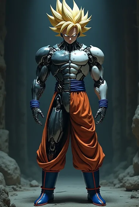 Create an image of the Dragon Ball character Goku with half his body like a robot and the other with the anime image, in a dark setting 